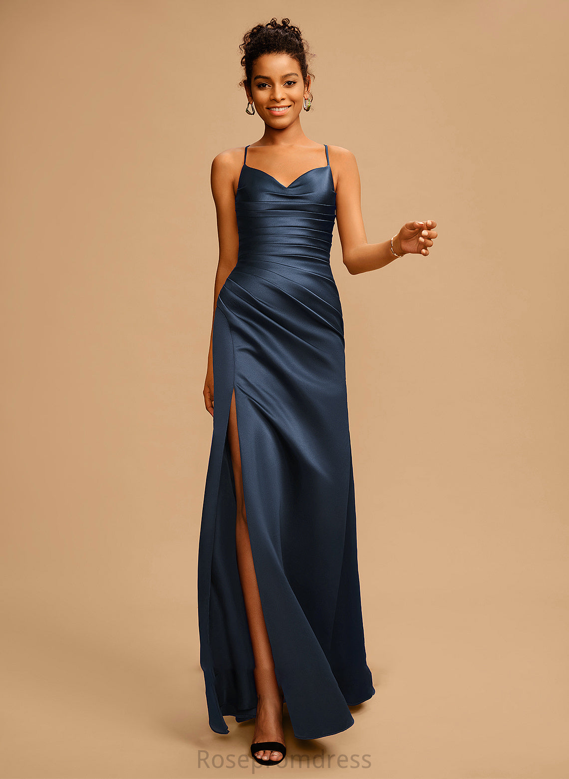 Satin Sheath/Column Floor-Length Prom Dresses Pleated Cristina With V-neck