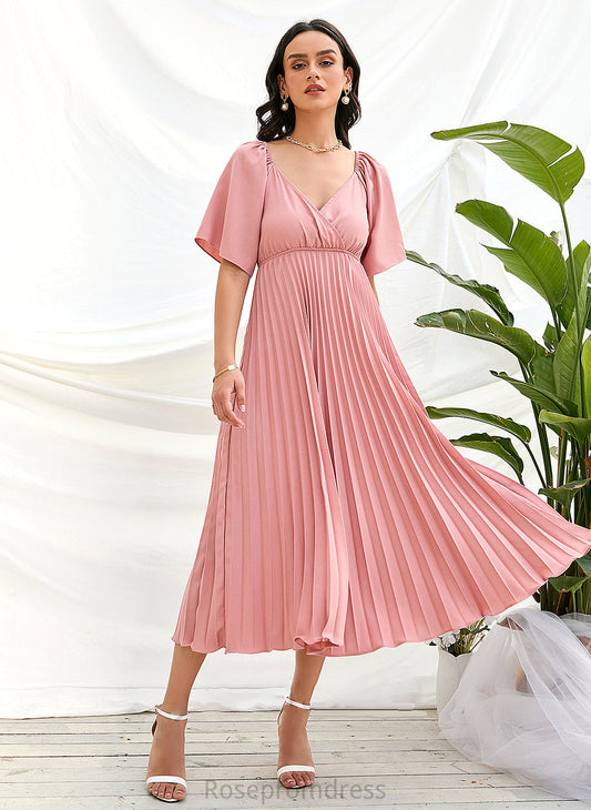 Neckline Fabric Length Pleated Silhouette Tea-Length A-Line V-neck Embellishment Jamiya A-Line/Princess Natural Waist Bridesmaid Dresses