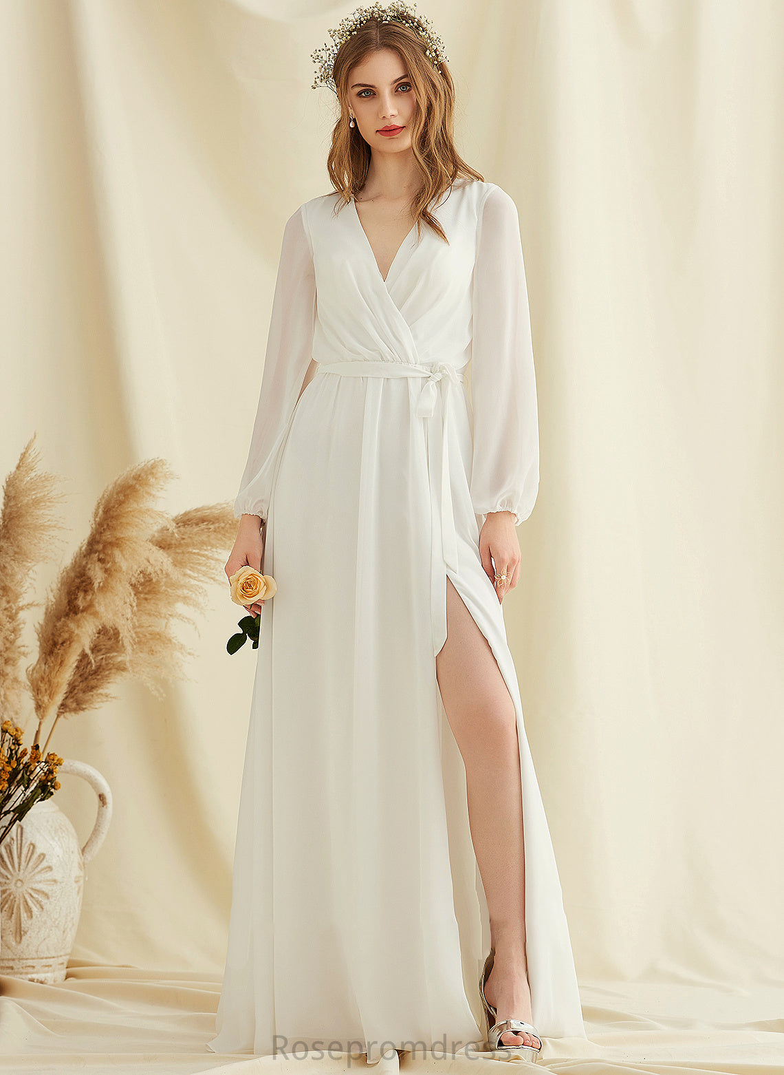 Chiffon Gracie Front Wedding Dresses V-neck A-Line Floor-Length Dress With Split Wedding