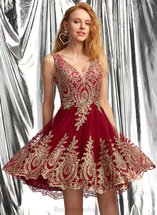 Prom Dresses Short/Mini V-neck With Lace Tulle A-Line Appliques Celeste