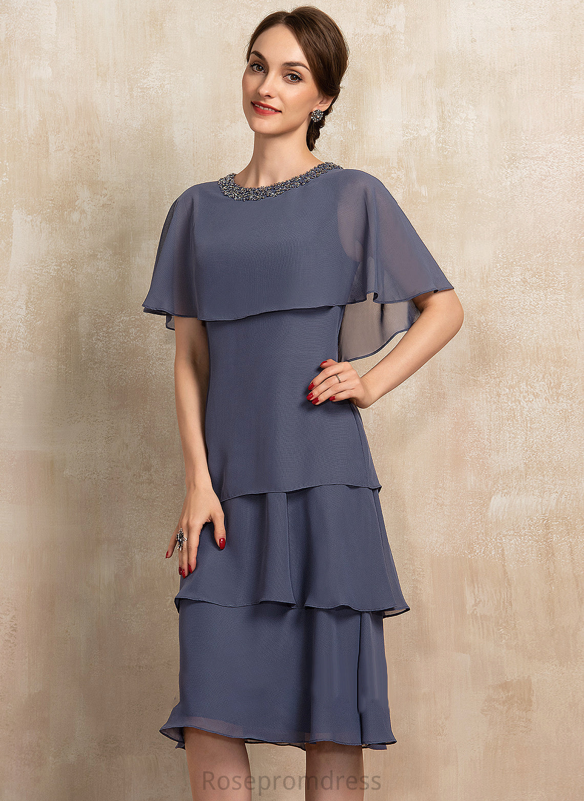 of With Neck Bride Sequins Cascading Rosalyn Knee-Length the Beading A-Line Scoop Ruffles Mother Chiffon Mother of the Bride Dresses Dress
