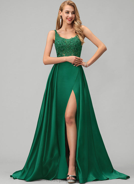 Prom Dresses A-Line Neckline Emerson Lace Train Sweep Sequins With Satin Square Split Front