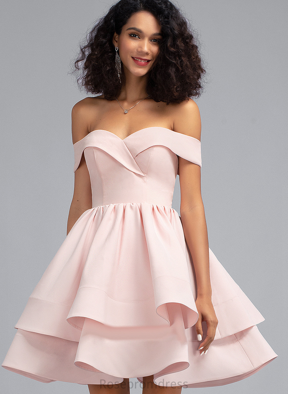 Prom Dresses Cascading Stretch Ruffles Crepe With Off-the-Shoulder Short/Mini Gina A-Line