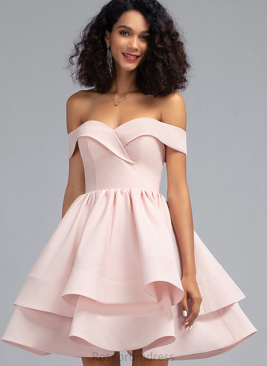 Prom Dresses Cascading Stretch Ruffles Crepe With Off-the-Shoulder Short/Mini Gina A-Line