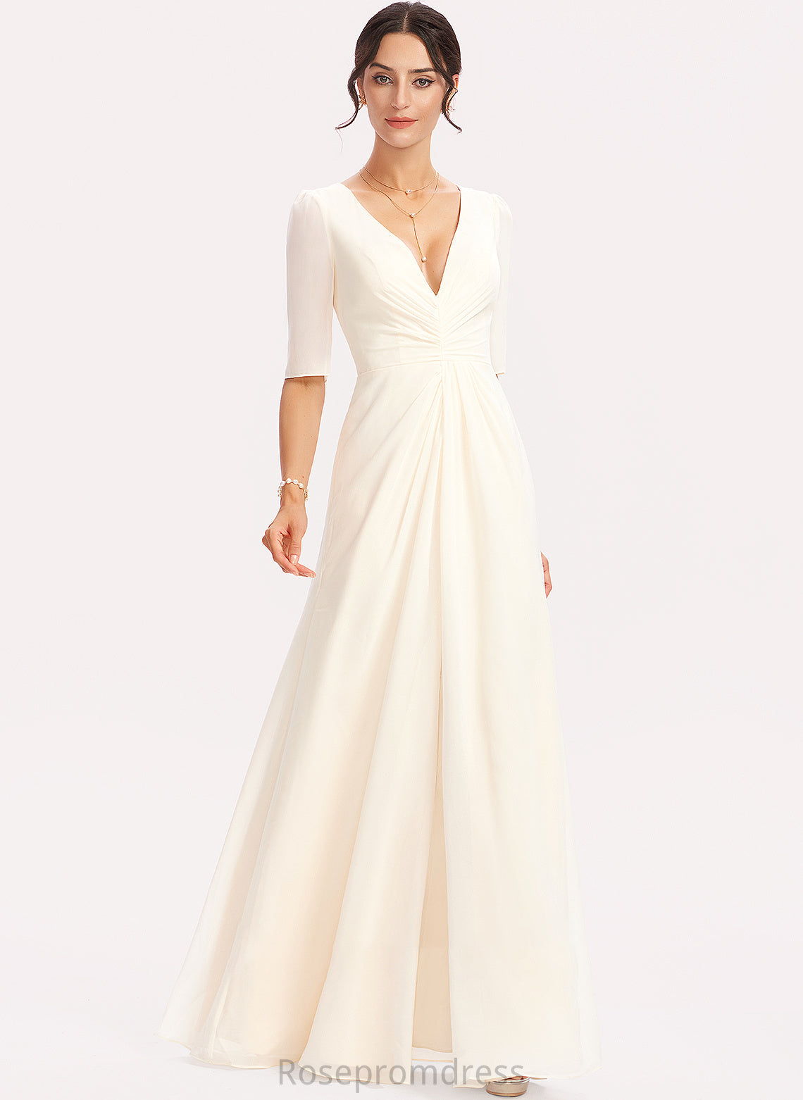 Neckline Floor-Length A-Line V-neck SplitFront Length Silhouette Embellishment Fabric Alanna Sleeveless Natural Waist Bridesmaid Dresses