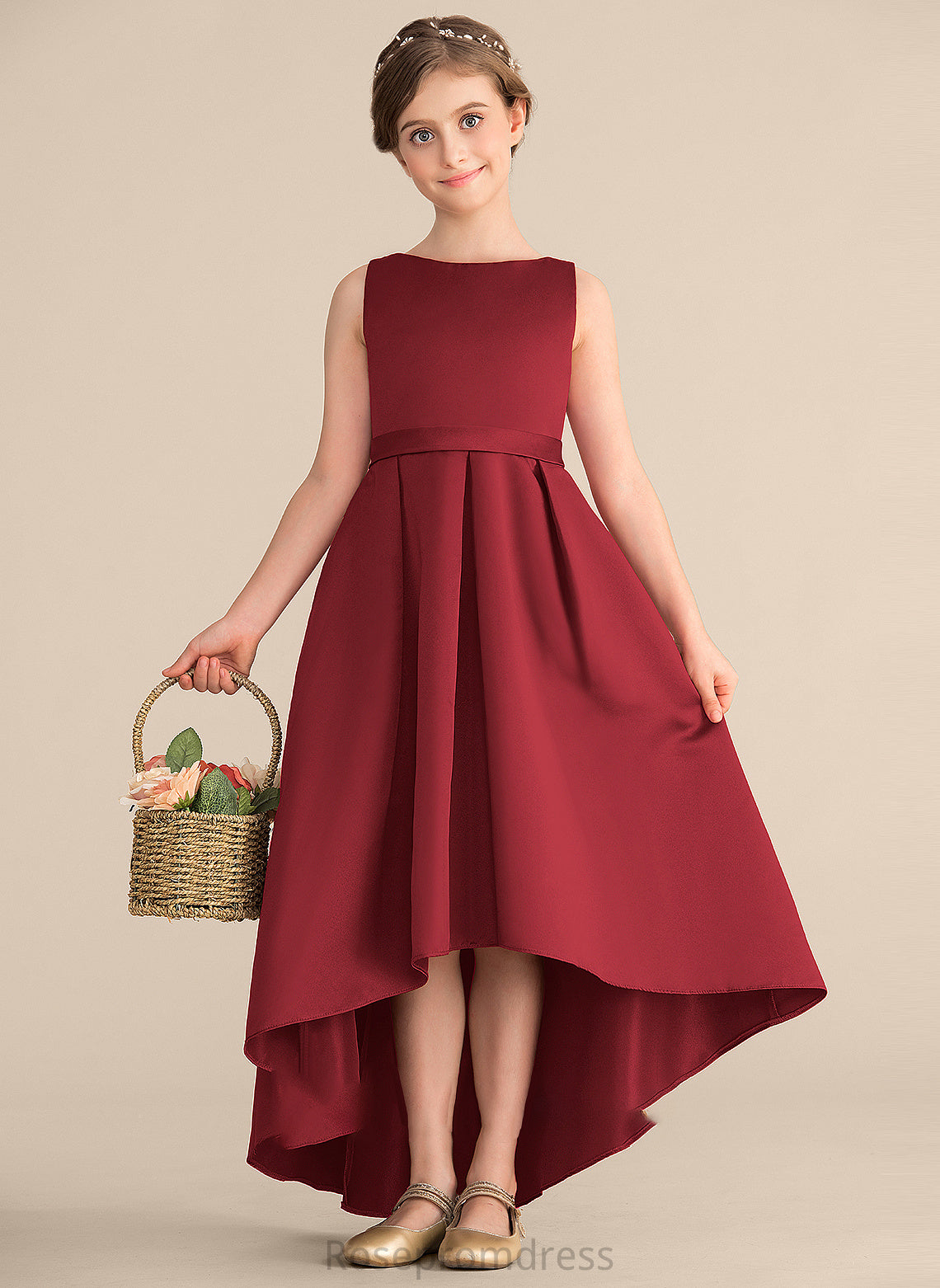 Asymmetrical Satin Pockets Scoop Ruffle Rayna Neck Junior Bridesmaid Dresses A-Line With