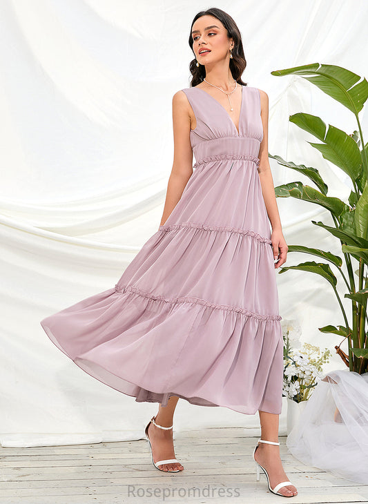 Neckline A-Line Polyester Length Silhouette Straps Fabric V-neck Tea-Length Annabel A-Line/Princess Natural Waist Bridesmaid Dresses