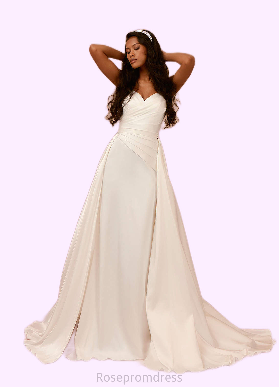 Zoe A-Line Pleated Stretch Satin Chapel Train Dress SRSP0020085