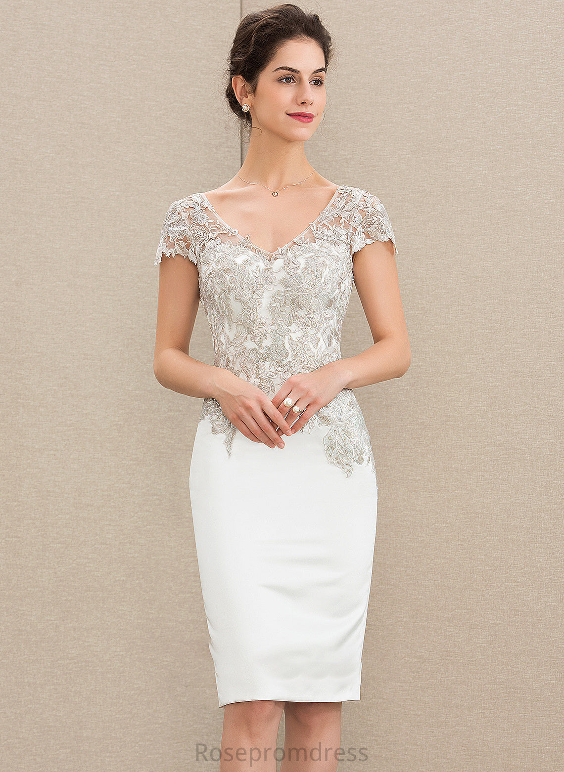 Dress Satin Knee-Length Wedding Dresses Sheath/Column Wedding Lace V-neck Cassie