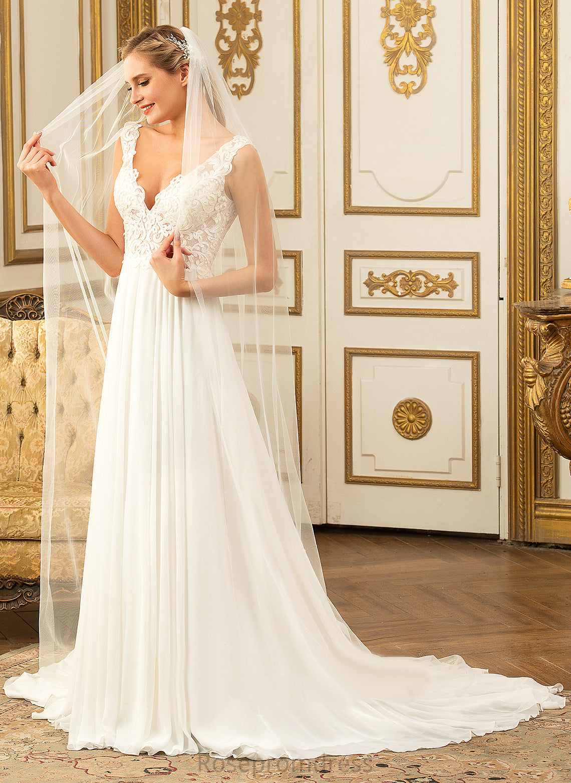 Court Chiffon A-Line Dress Train Wedding Dresses Wedding Lace V-neck Salome