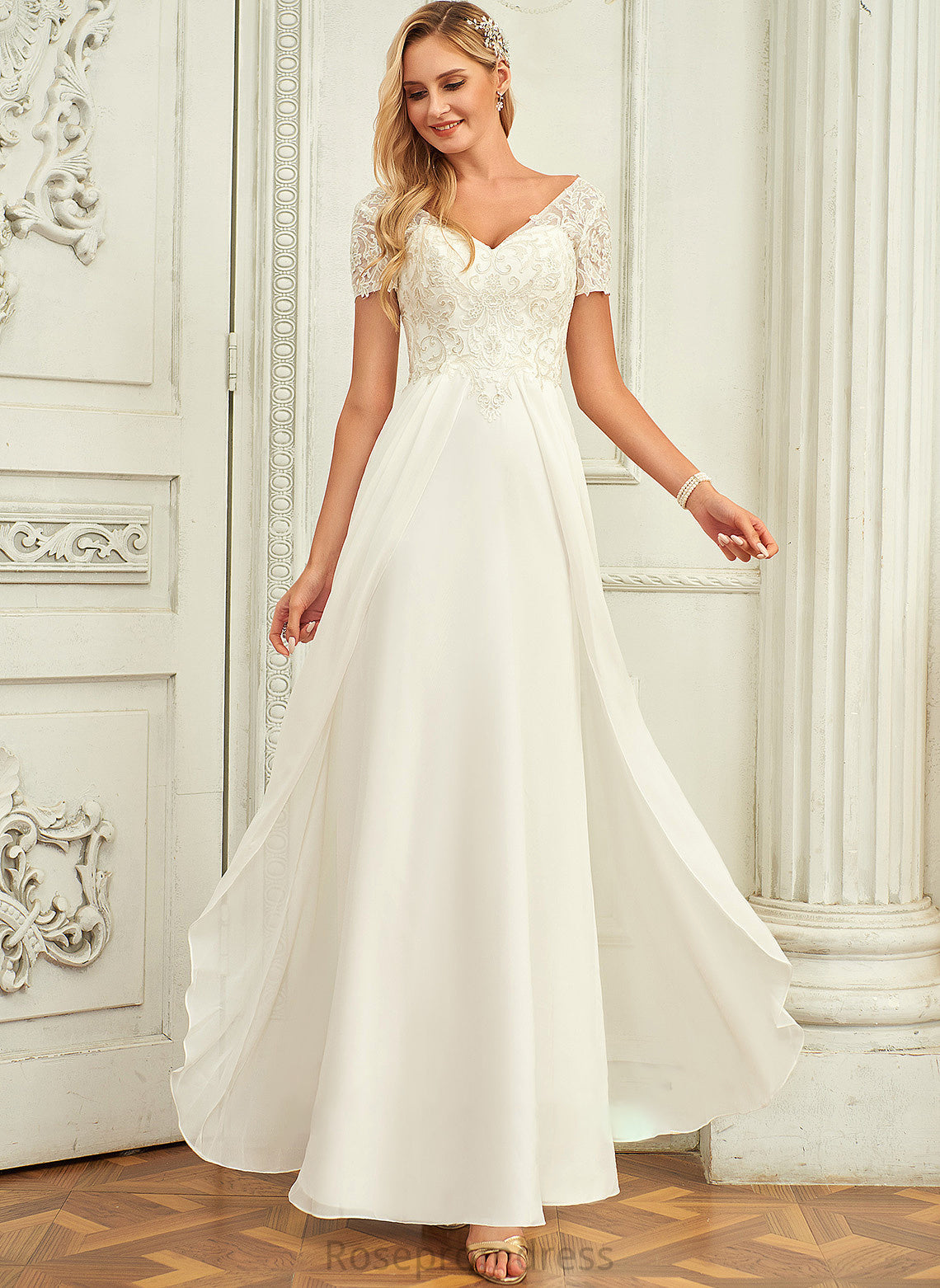 Floor-Length Chiffon Lace With Lace Dress Wedding Wedding Dresses V-neck Sophronia A-Line