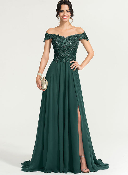 Off-the-Shoulder Prom Dresses A-Line Chiffon Split Sweep Front Janae Train With Sequins