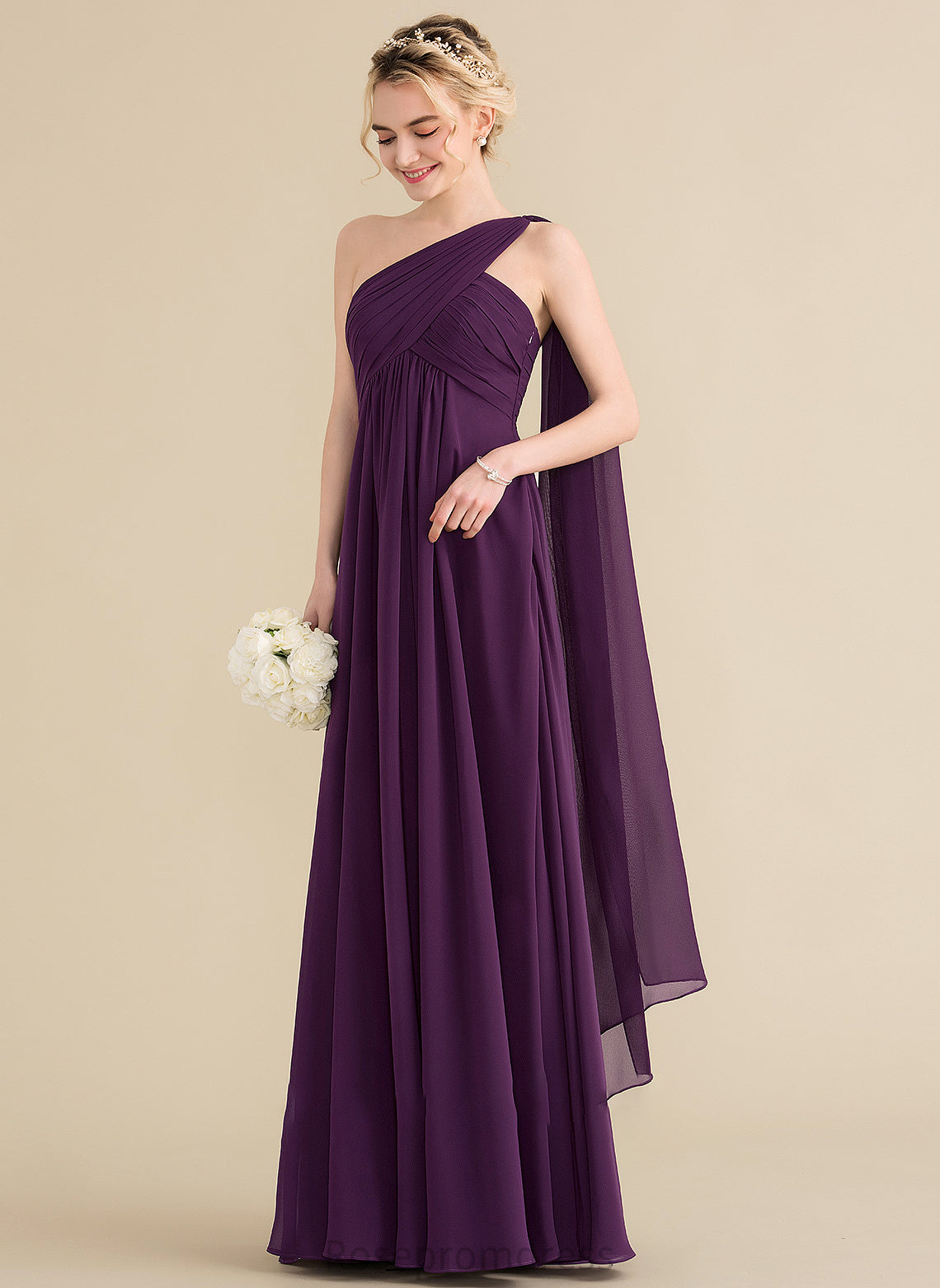 Ruffle Neckline Length Silhouette One-Shoulder A-Line Embellishment Floor-Length Fabric Aurora Sleeveless Empire Waist Bridesmaid Dresses