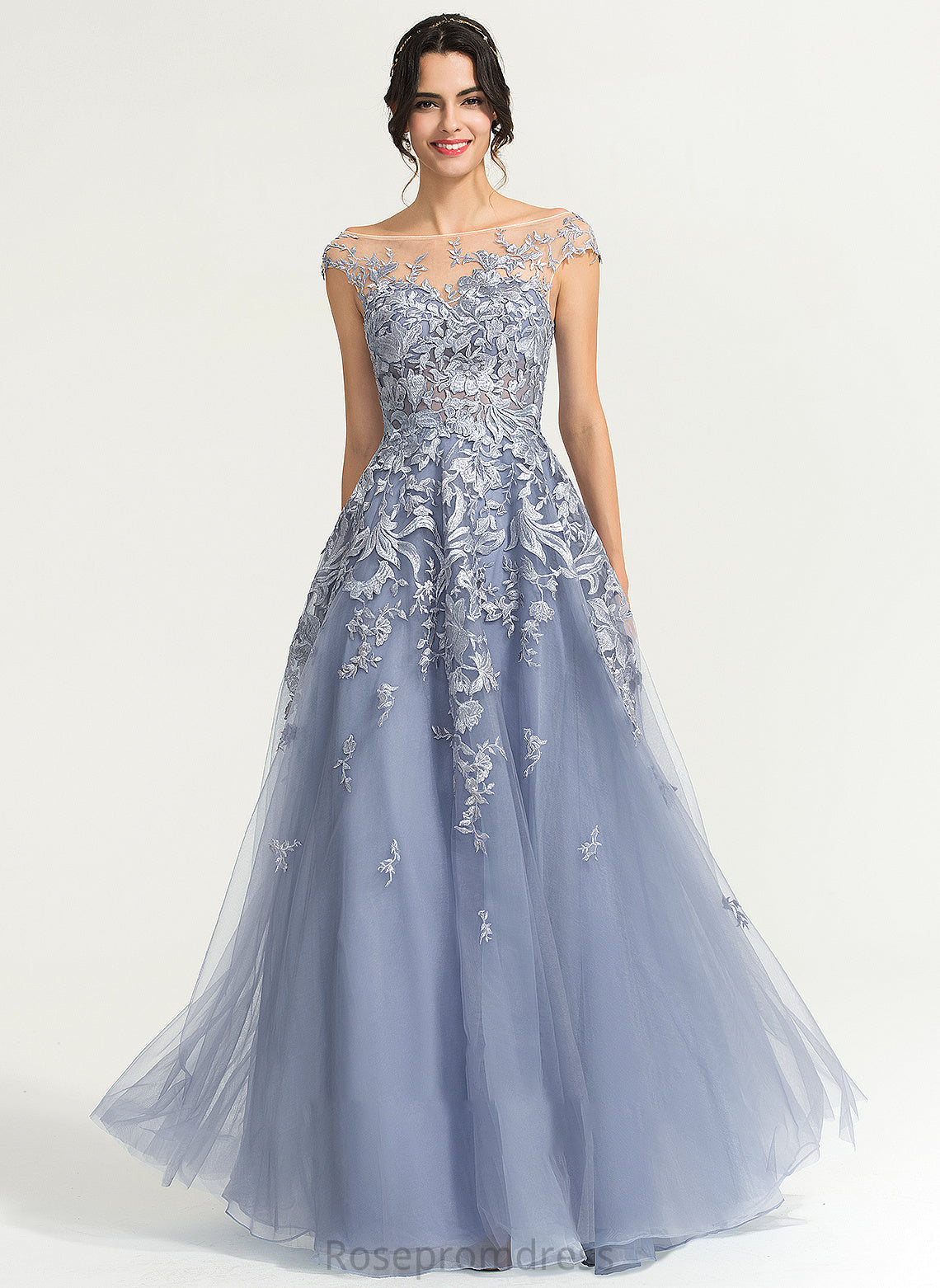 Pearl Floor-Length Scoop Tulle Ball-Gown/Princess Neck Prom Dresses