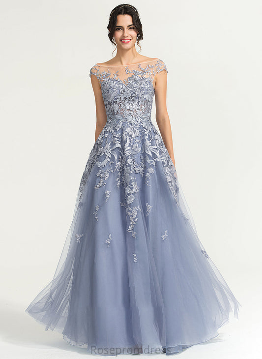 Pearl Floor-Length Scoop Tulle Ball-Gown/Princess Neck Prom Dresses
