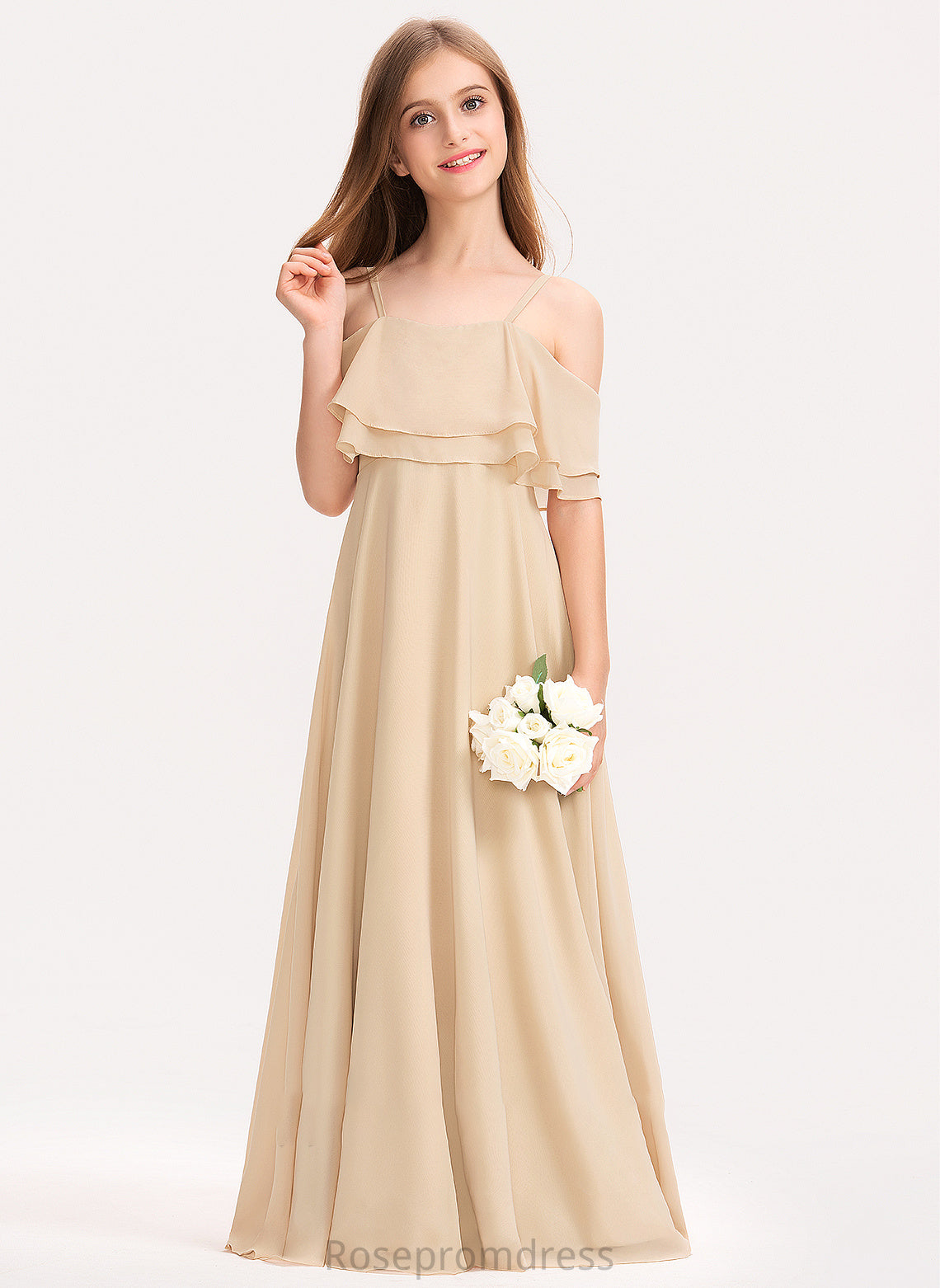 Chiffon With A-Line Off-the-Shoulder Kamryn Junior Bridesmaid Dresses Ruffles Cascading Floor-Length