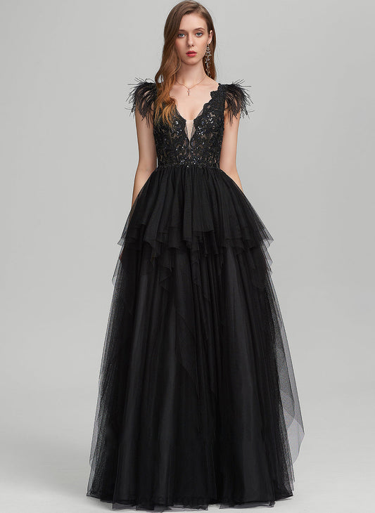 Prom Dresses Sequins V-neck Ball-Gown/Princess Feather Floor-Length Tulle With Elva