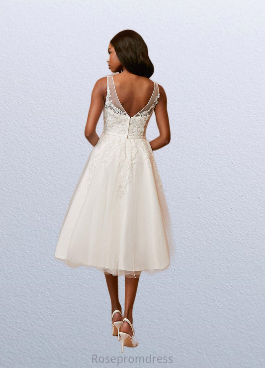 Polly A-Line Lace Satin Tea-Length Dress SRSP0020051