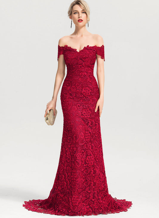 Off-the-Shoulder Lace Elizabeth Trumpet/Mermaid Sweep Prom Dresses Train