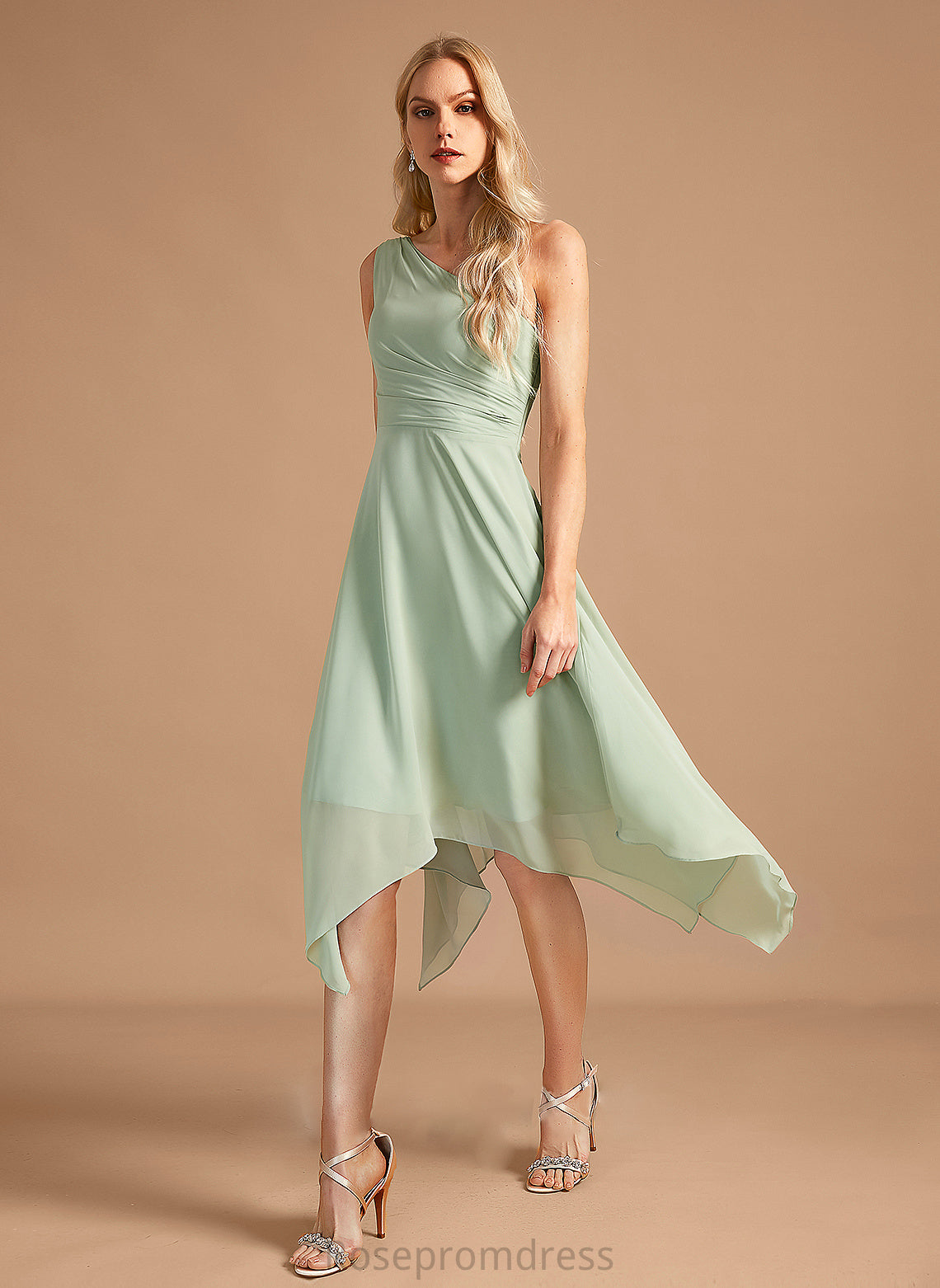 One-Shoulder Silhouette Embellishment Neckline A-Line Asymmetrical Fabric Ruffle Length Brynlee Bridesmaid Dresses
