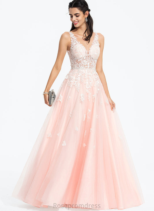 Novia V-neck Floor-Length With Tulle Sequins Prom Dresses Ball-Gown/Princess Beading