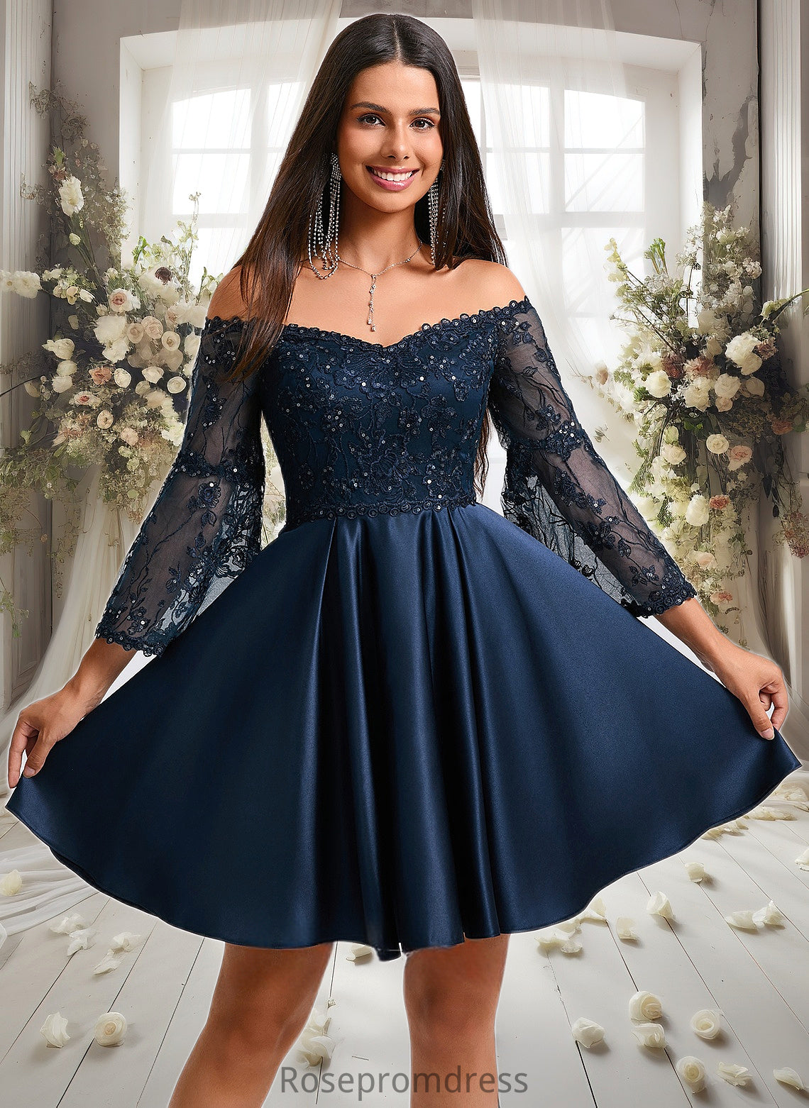 Nyasia A-line Off the Shoulder Short Satin Homecoming Dress With Sequins DSP0025651