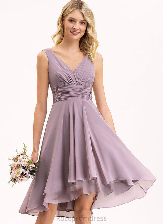 Neckline V-neck Silhouette Length Fabric Embellishment A-Line Ruffle Asymmetrical Mavis Bridesmaid Dresses