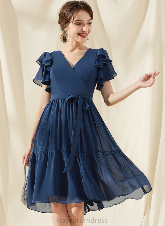 Neckline Silhouette Fabric Length Bow(s) Embellishment CascadingRuffles A-Line Knee-Length V-neck Hilda Bridesmaid Dresses