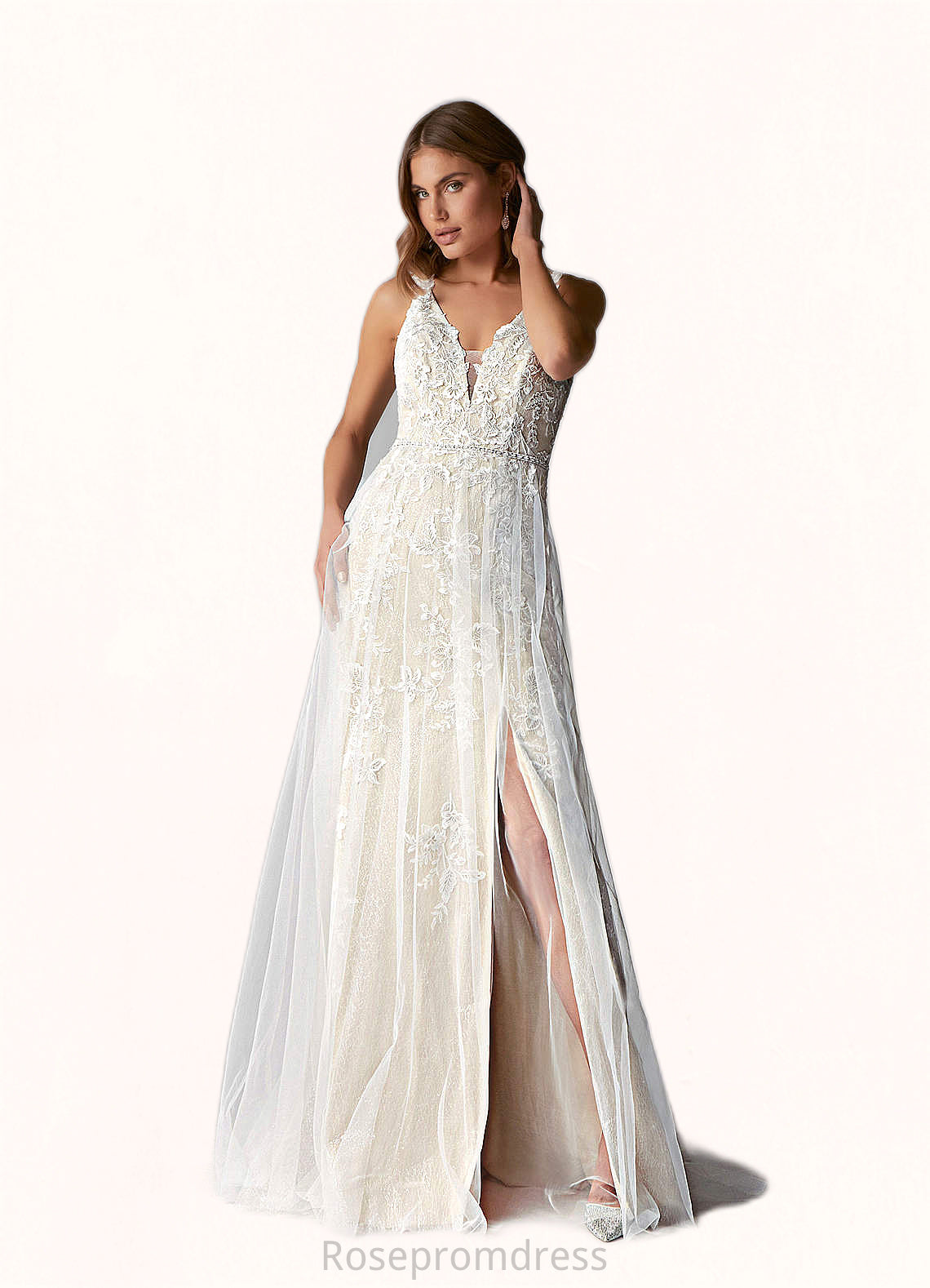 Angeline A-Line Sequins Lace Sweep Train Dress SRSP0020106