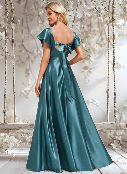 Rosalind A-line V-Neck Floor-Length Stretch Satin Bridesmaid Dress With Ruffle DSP0025780