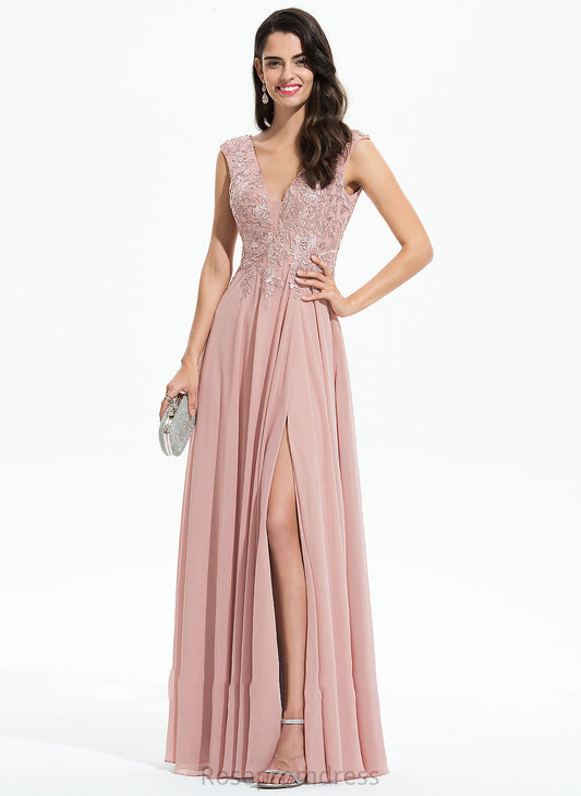 Prom Dresses Front Floor-Length Lace Split Chiffon A-Line Destiny V-neck With