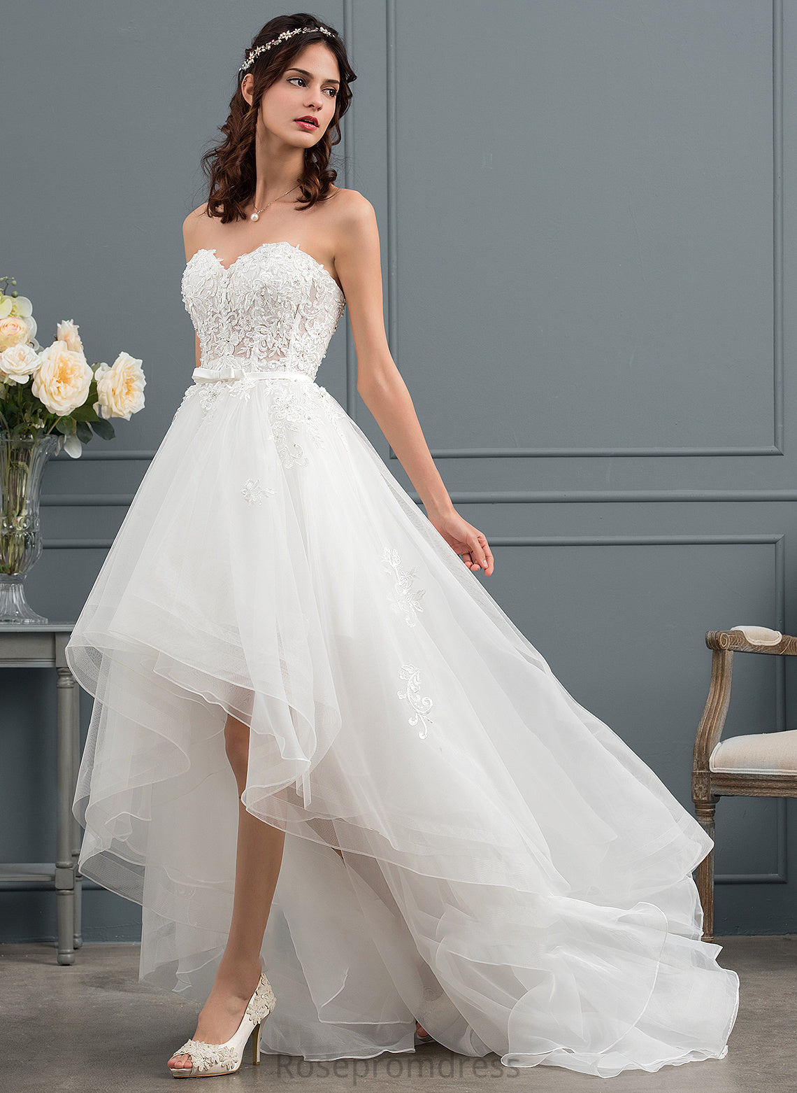 Asymmetrical Sequins Beading Dress Wedding Wedding Dresses Tulle A-Line With Sweetheart Keyla Bow(s)