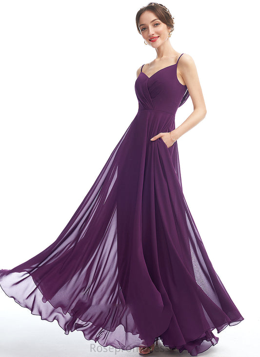 Pockets Embellishment A-Line Length Floor-Length V-neck Fabric Silhouette Neckline Gertie Natural Waist Spaghetti Staps Bridesmaid Dresses