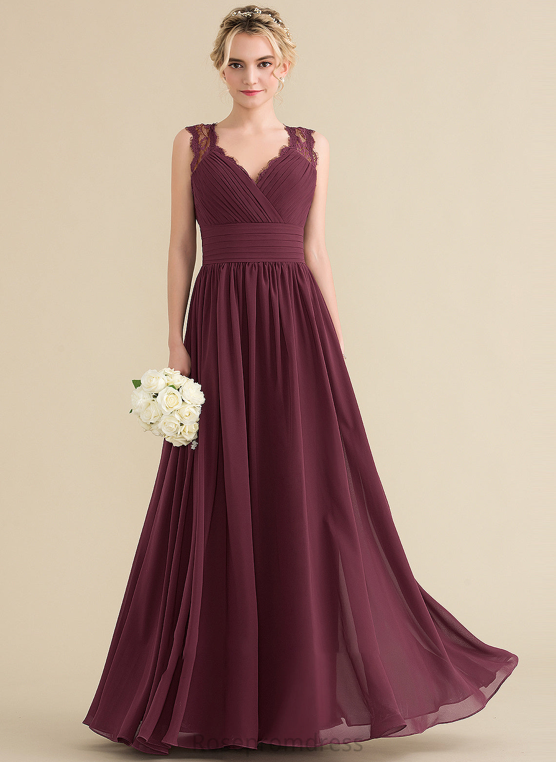 Neckline V-neck Embellishment Ruffle Floor-Length A-Line Fabric Length Bow(s) Silhouette Averie Natural Waist Bridesmaid Dresses
