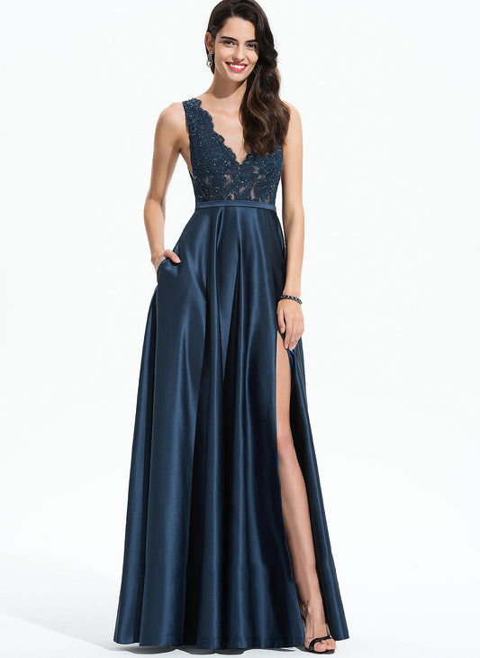 Prom Dresses Satin Pockets Lace Katherine With Sequins A-Line Floor-Length Split Front V-neck