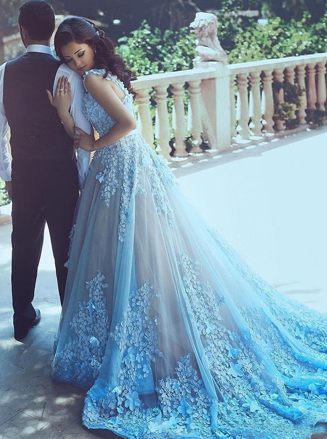 A-Line Square Chapel Train Sleeveless Blue Tulle Wedding Dress with Appliques Sash RS336