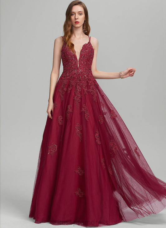 Prom Dresses Beading V-neck Floor-Length Tulle With A-Line Sequins Kadence