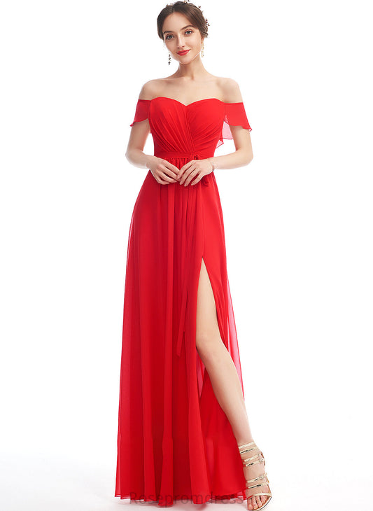 Neckline A-Line Floor-Length SplitFront Silhouette Off-the-Shoulder Embellishment Length Ruffle Fabric Miriam Bridesmaid Dresses