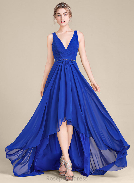 Neckline Length Fabric Sequins Embellishment Silhouette Beading A-Line V-neck Asymmetrical Ruffle Aniya Bridesmaid Dresses