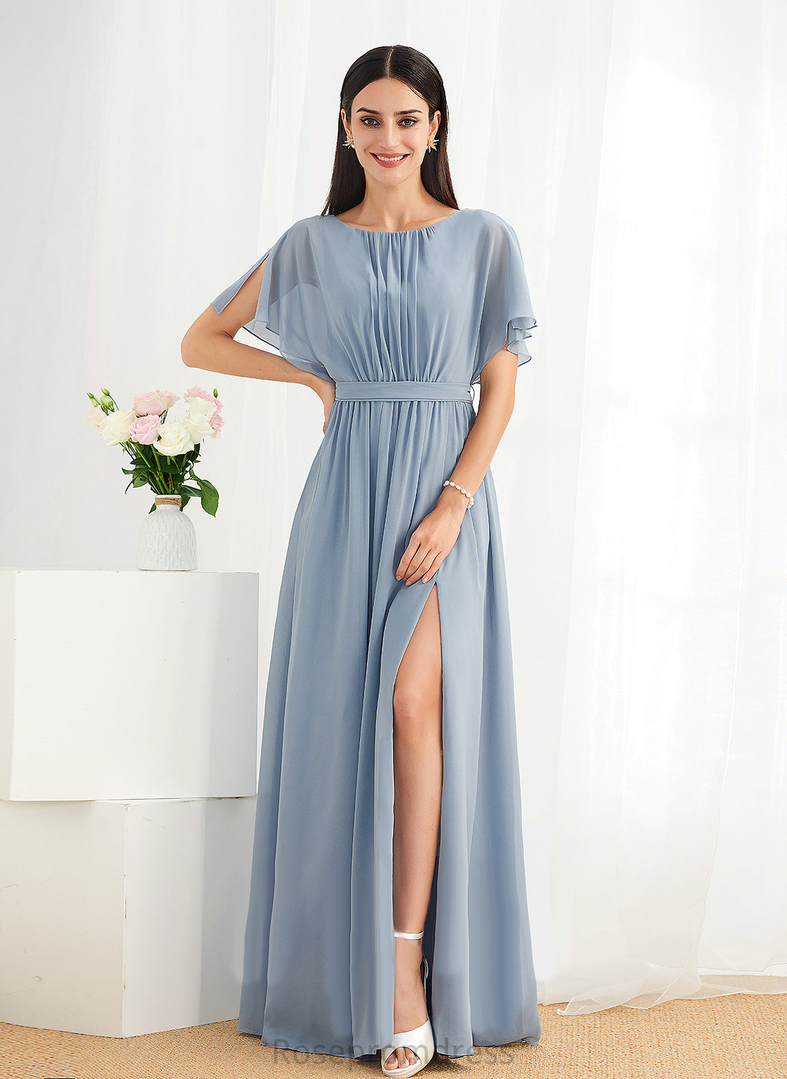 A-line Floor-Length Silhouette Straps&Sleeves Length Scoop Fabric Neckline Tiara Floor Length V-Neck Sleeveless Bridesmaid Dresses
