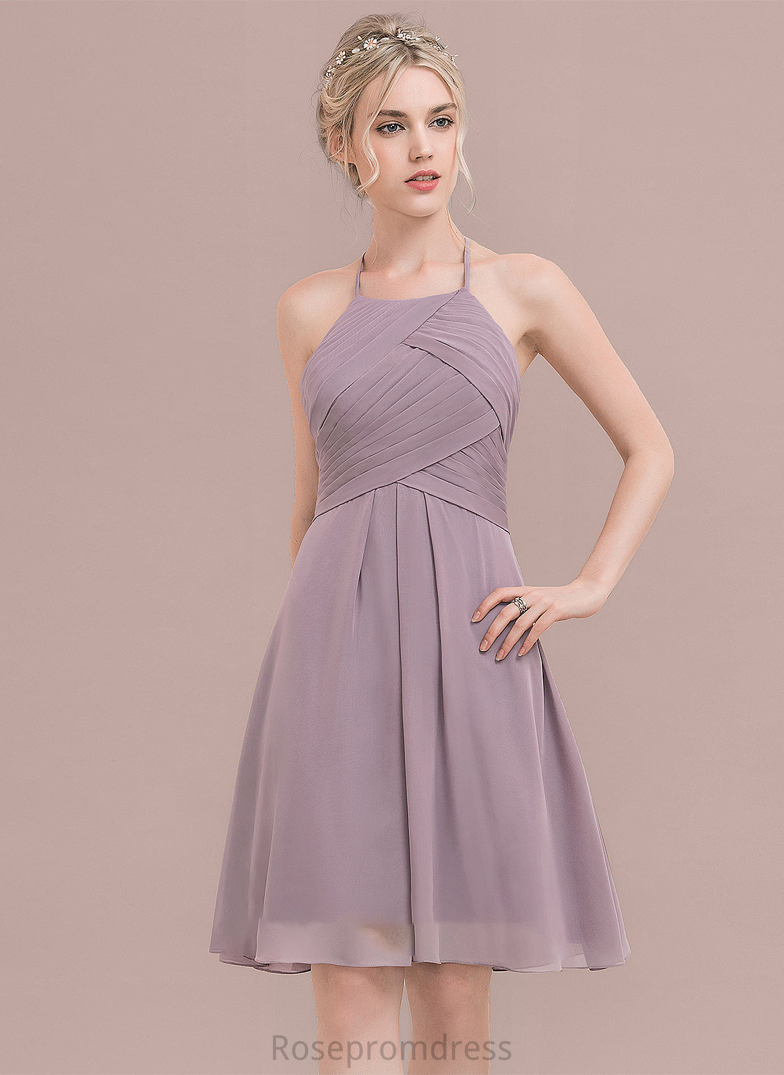 Ruffle A-Line Length Neckline ScoopNeck Silhouette Embellishment Fabric Knee-Length Elaina Bridesmaid Dresses