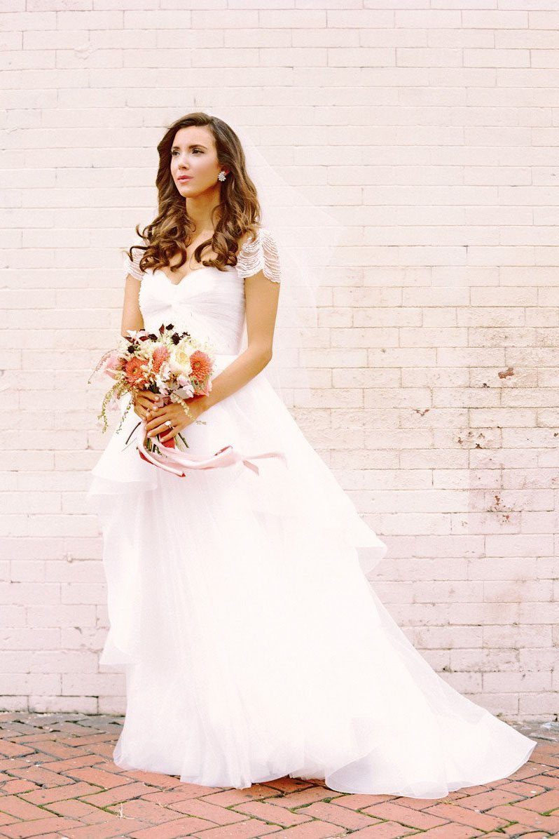 A-Line Short Sleeve Long Ivory Tulle Sweetheart Beaded Cute Backless Wedding Dresses RS335