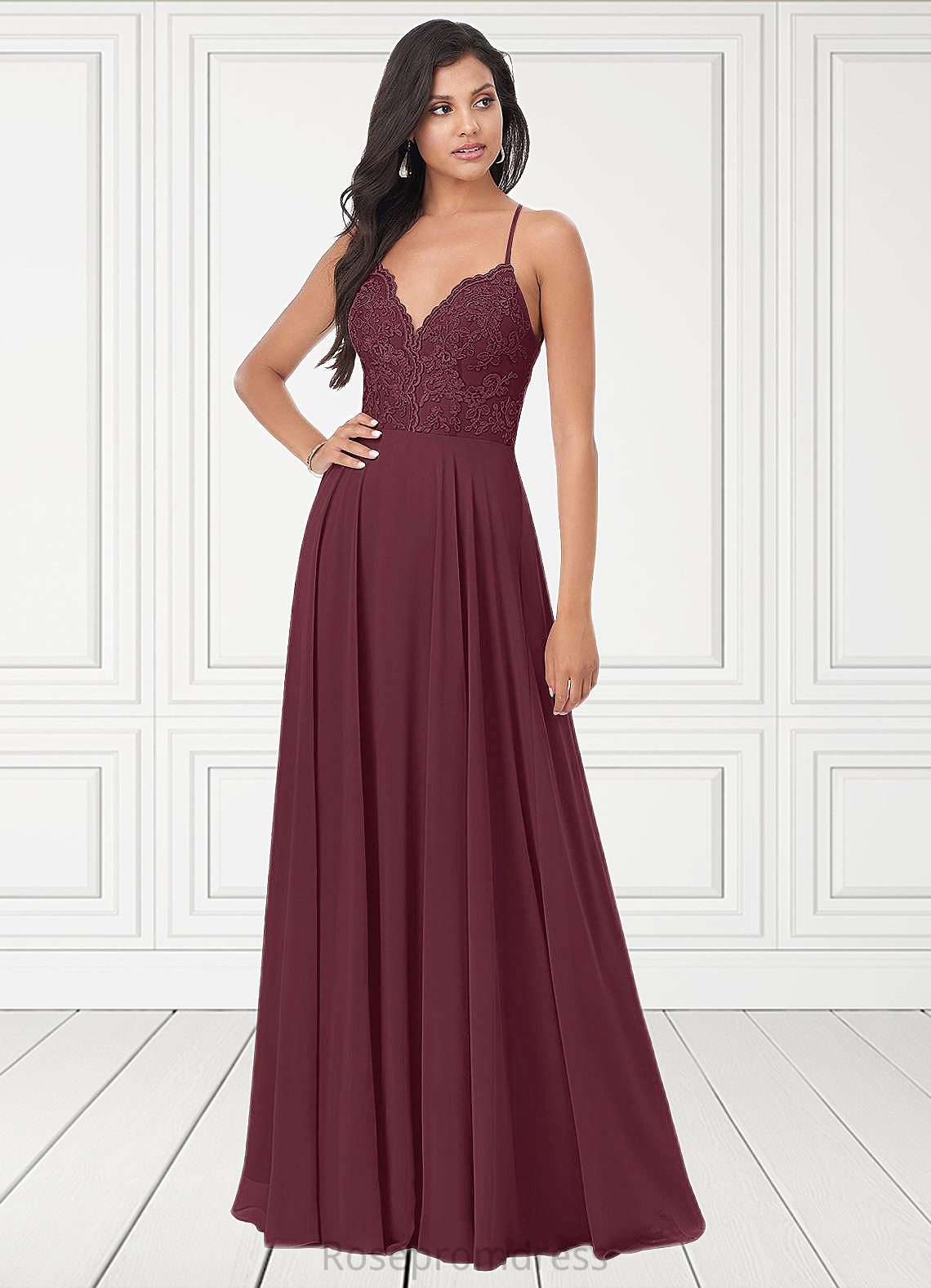 Bridget A-Line Lace Chiffon Floor-Length Dress SRSP0019641