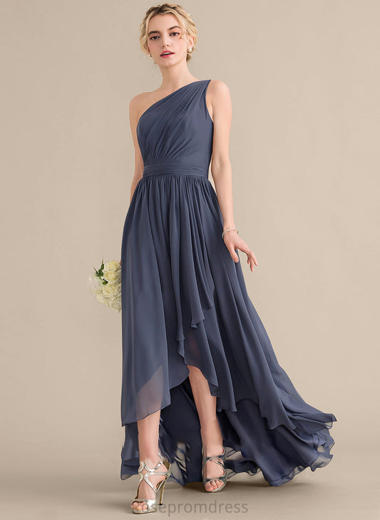Neckline Fabric Length Silhouette CascadingRuffles One-Shoulder Asymmetrical A-Line Embellishment June A-Line/Princess V-Neck Bridesmaid Dresses