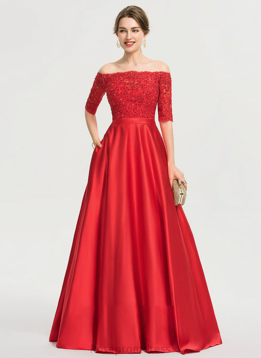 Pockets Parker Floor-Length Satin Beading Sequins Prom Dresses Sweetheart With Ball-Gown/Princess