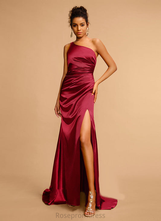 Satin One-Shoulder Aliyah Train Prom Dresses Front With Sheath/Column Pleated Sweep Split