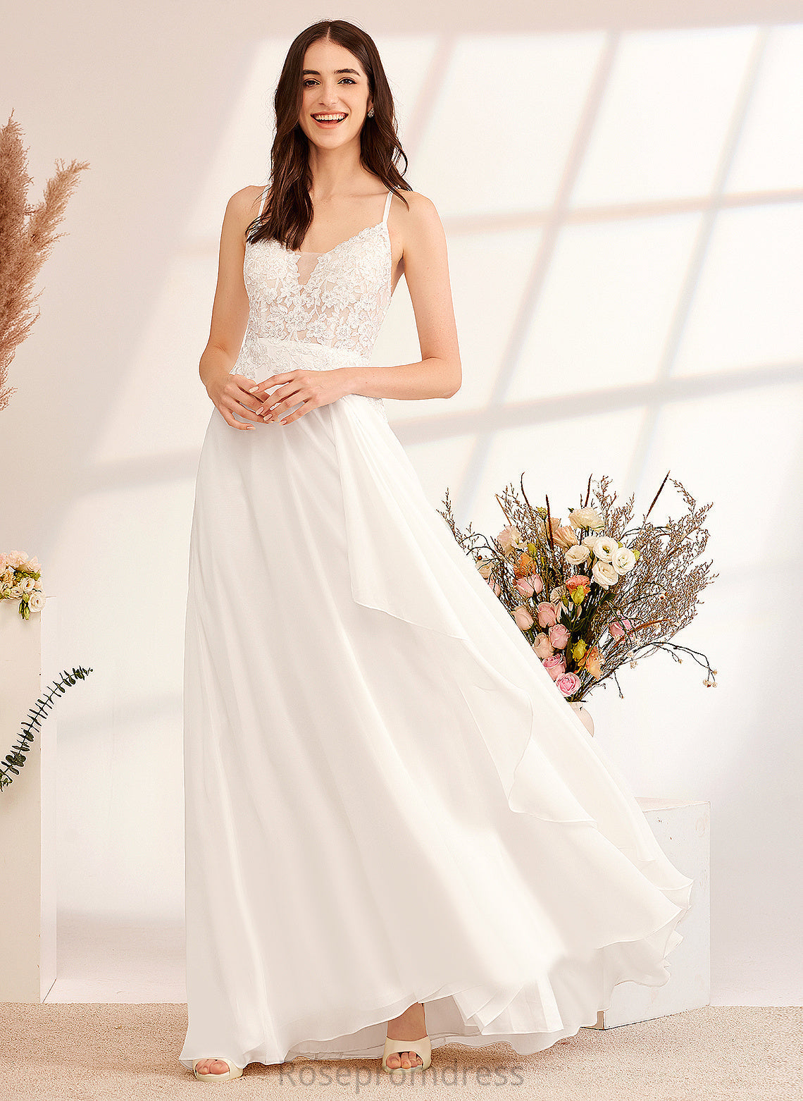 Floor-Length Wedding Wedding Dresses Chiffon Dress Anabella With A-Line V-neck Lace Sequins