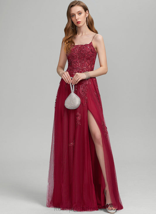 Neckline Floor-Length With Split Sequins Front A-Line Square Tulle Prom Dresses Danica