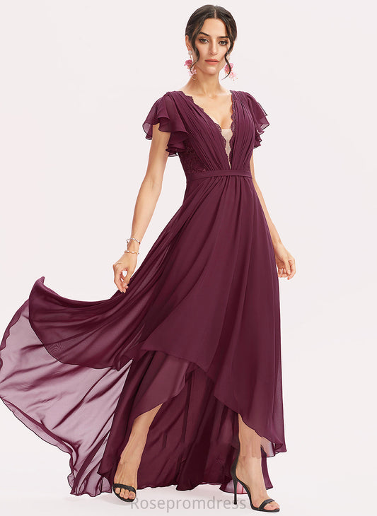 Neckline V-neck Embellishment CascadingRuffles Silhouette Fabric Length Lace A-Line Asymmetrical Nina Natural Waist Bridesmaid Dresses