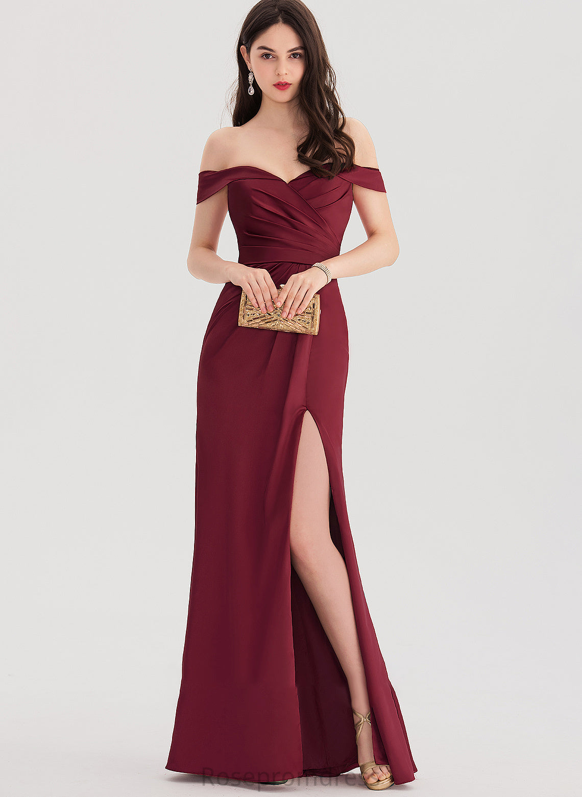 Satin Floor-Length Front Off-the-Shoulder Ruffle Erika Split Prom Dresses With Sheath/Column
